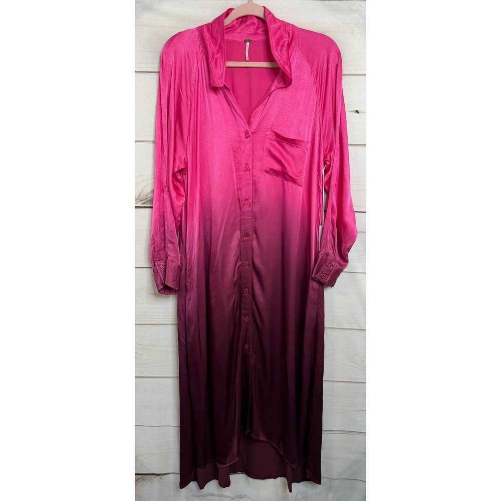 Young Fabulous & Broke Ombre Satin Maxi Shirt Dress Pink Plum Button Front M NEW